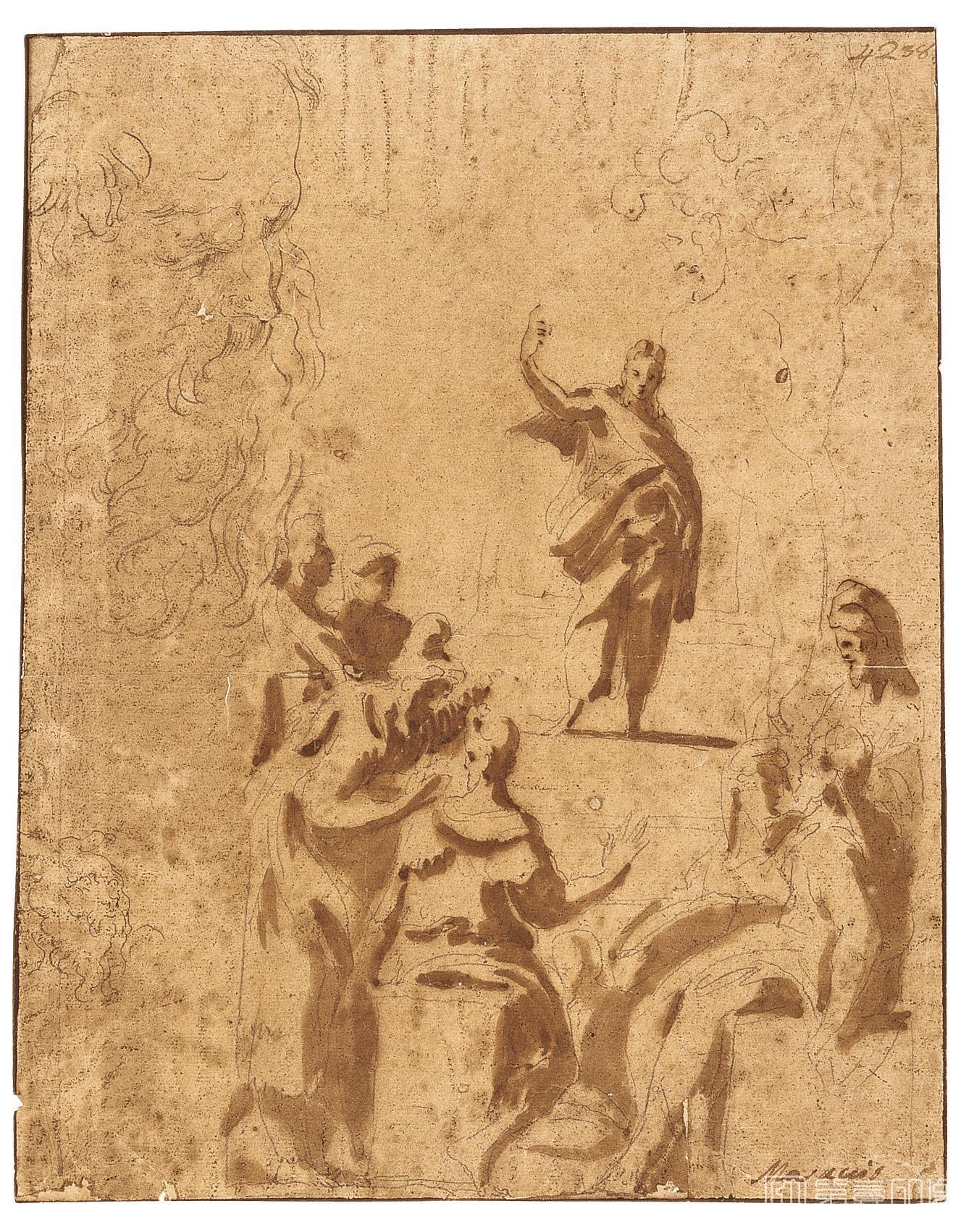 素描-西班牙普拉多美术馆素描藏画-Anonimo-Cristo discutiendo con los doctores en el Templo y estudios de cabeza y figura-0112